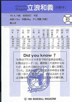 1992 BBM #85 Kazuyoshi Tatsunami Back