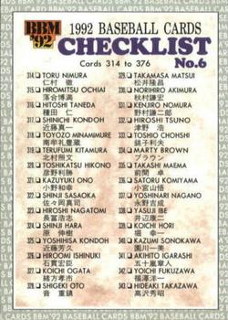 1992 BBM #497 Checklist #6 Front