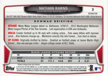 2013 Bowman Draft Picks & Prospects - Chrome Refractors #3 Nathan Karns Back