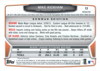 2013 Bowman Draft Picks & Prospects - Chrome Refractors #13 Mike Kickham Back
