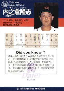 1993 BBM #255 Takashi Uchinokura Back