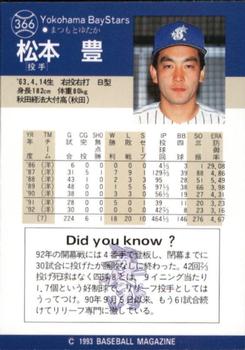 1993 BBM #366 Yutaka Matsumoto Back