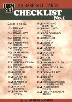 1993 BBM #492 Checklist #1 Front