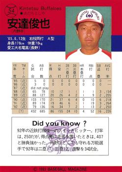 1993 BBM #54 Toshiya Adachi Back