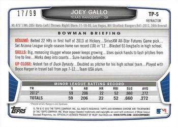 2013 Bowman Draft Picks & Prospects - Chrome Top Prospects Blue Refractors #TP-5 Joey Gallo Back