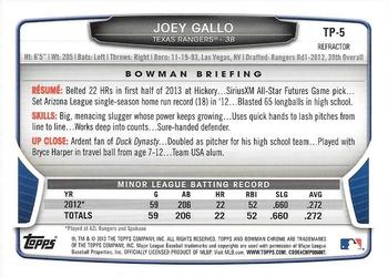 2013 Bowman Draft Picks & Prospects - Chrome Top Prospects Blue Wave Refractors #TP-5 Joey Gallo Back