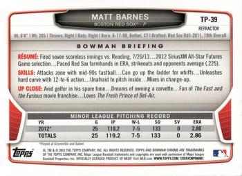 2013 Bowman Draft Picks & Prospects - Chrome Top Prospects Blue Wave Refractors #TP-39 Matt Barnes Back