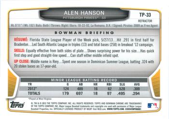 2013 Bowman Draft Picks & Prospects - Chrome Top Prospects Refractors #TP-33 Alen Hanson Back