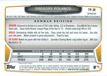 2013 Bowman Draft Picks & Prospects - Chrome Top Prospects Refractors #TP-38 Gregory Polanco Back