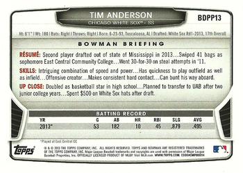2013 Bowman Draft Picks & Prospects - Draft Picks #BDPP13 Tim Anderson Back