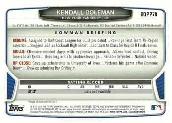 2013 Bowman Draft Picks & Prospects - Draft Picks #BDPP78 Kendall Coleman Back