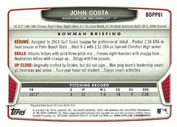 2013 Bowman Draft Picks & Prospects - Draft Picks #BDPP81 John Costa Back