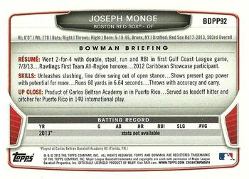 2013 Bowman Draft Picks & Prospects - Draft Picks #BDPP92 Joseph Monge Back