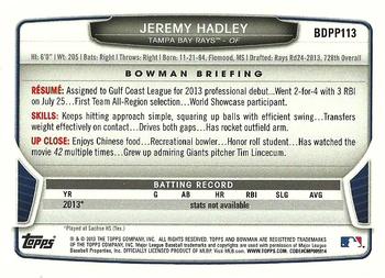 2013 Bowman Draft Picks & Prospects - Draft Picks #BDPP113 Jeremy Hadley Back