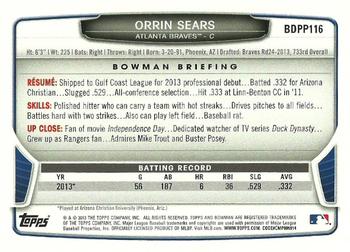 2013 Bowman Draft Picks & Prospects - Draft Picks #BDPP116 Orrin Sears Back
