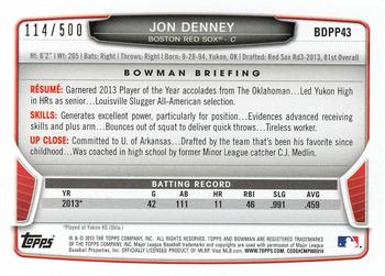 2013 Bowman Draft Picks & Prospects - Draft Picks Blue #BDPP43 Jon Denney Back