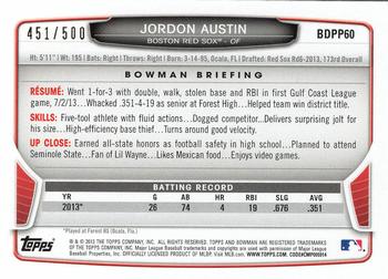 2013 Bowman Draft Picks & Prospects - Draft Picks Blue #BDPP60 Jordon Austin Back