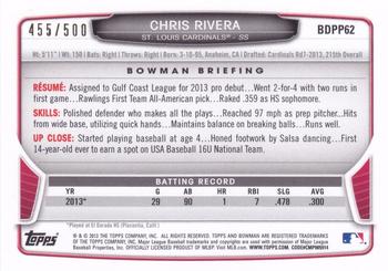 2013 Bowman Draft Picks & Prospects - Draft Picks Blue #BDPP62 Chris Rivera Back