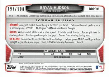 2013 Bowman Draft Picks & Prospects - Draft Picks Blue #BDPP86 Bryan Hudson Back