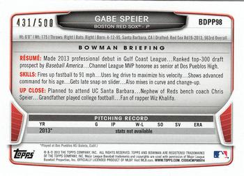 2013 Bowman Draft Picks & Prospects - Draft Picks Blue #BDPP98 Gabe Speier Back