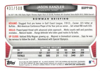 2013 Bowman Draft Picks & Prospects - Draft Picks Blue #BDPP100 Jason Kanzler Back