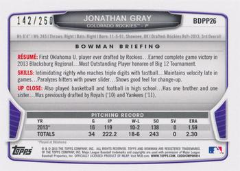 2013 Bowman Draft Picks & Prospects - Draft Picks Orange #BDPP26 Jonathan Gray Back