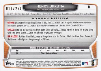 2013 Bowman Draft Picks & Prospects - Orange #8 Henry Urrutia Back