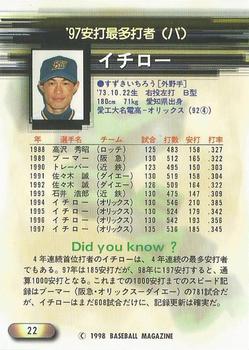 1998 BBM #22 Ichiro Suzuki Back