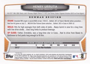 2013 Bowman Draft Picks & Prospects - Silver Ice #8 Henry Urrutia Back