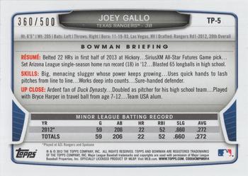 2013 Bowman Draft Picks & Prospects - Top Prospects Blue #TP-5 Joey Gallo Back