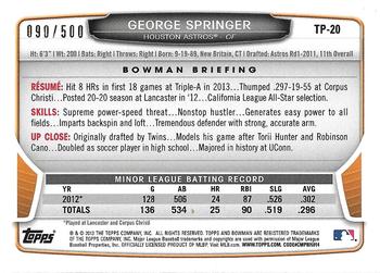 2013 Bowman Draft Picks & Prospects - Top Prospects Blue #TP-20 George Springer Back