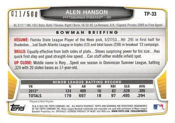 2013 Bowman Draft Picks & Prospects - Top Prospects Blue #TP-33 Alen Hanson Back