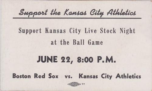 1956 Kansas City Livestock Night Kansas City Athletics Postcards #NNO Alex Kellner Back