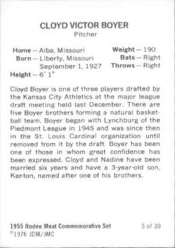 1976 JDM JMC 1955 Rodeo Meats Kansas City Athletics Reprints #5 Cloyd Boyer Back
