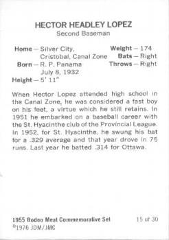 1976 JDM JMC 1955 Rodeo Meats Kansas City Athletics Reprints #15 Hector Lopez Back
