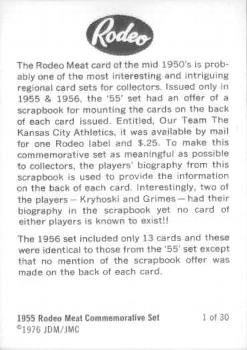 1976 JDM JMC 1955 Rodeo Meats Kansas City Athletics Reprints #1 History Back