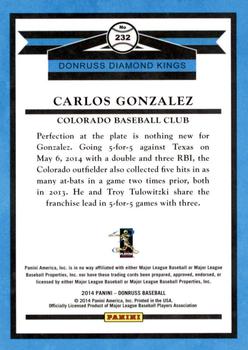 2014 Donruss #232 Carlos Gonzalez Back