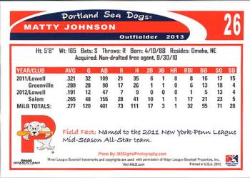 2013 Grandstand Portland Sea Dogs #NNO Matty Johnson Back
