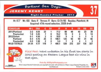 2013 Grandstand Portland Sea Dogs #NNO Jeremy Kehrt Back