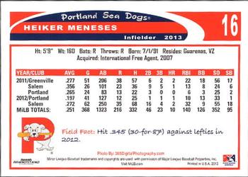 2013 Grandstand Portland Sea Dogs #NNO Heiker Meneses Back