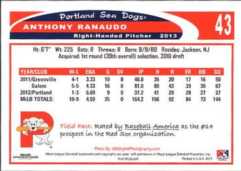 2013 Grandstand Portland Sea Dogs #NNO Anthony Ranaudo Back
