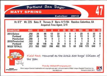 2013 Grandstand Portland Sea Dogs #NNO Matt Spring Back