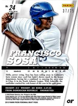 2013 Panini Prizm Perennial Draft Picks - Blue Prizms #24 Francisco Sosa Back