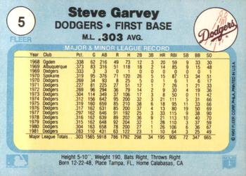 1982 Fleer #5 Steve Garvey Back