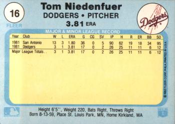 1982 Fleer #16 Tom Niedenfuer Back
