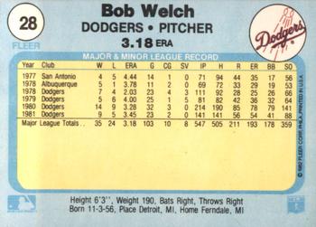 1982 Fleer #28 Bob Welch Back