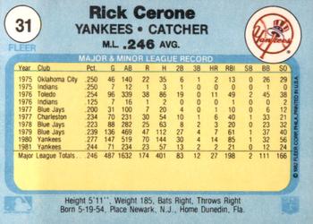 1982 Fleer #31 Rick Cerone Back