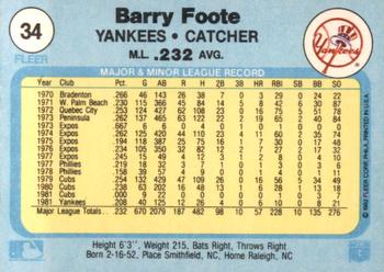 1982 Fleer #34 Barry Foote Back