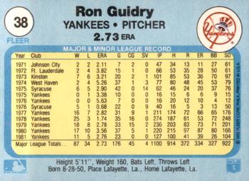 1982 Fleer #38 Ron Guidry Back