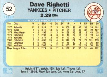 1982 Fleer #52 Dave Righetti Back